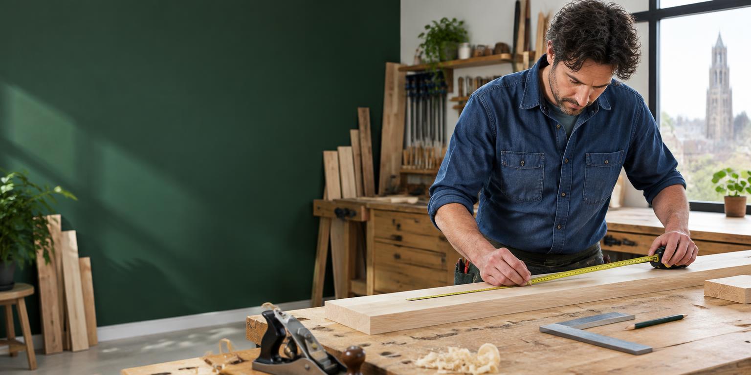 Zelfstandige timmerman aan het werk in zijn werkplaats
